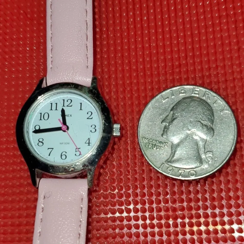 TIMEX T79081 Easy Read Women's or Kids Silver Face Watch Pink Vegan Leather Band